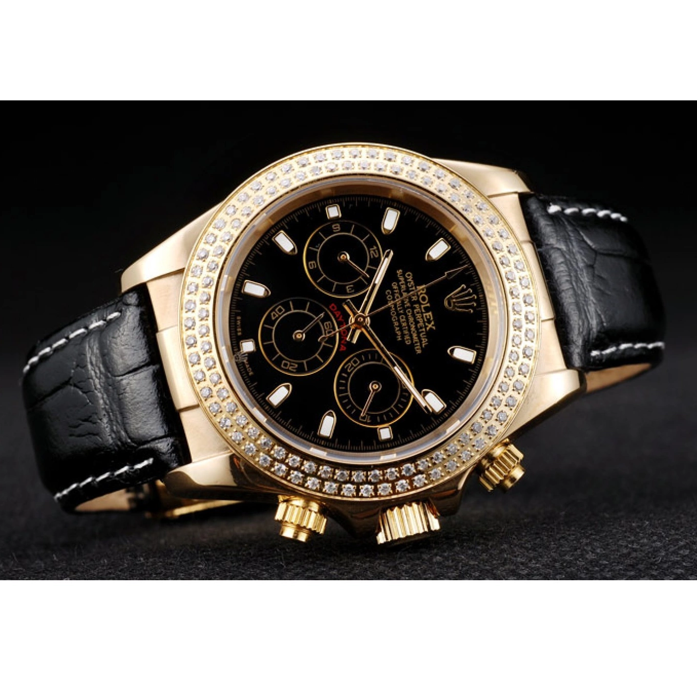 Good copy rolex watches Gold Black Bezel Case Dial Studded Rolex Crystal Daytona 0712